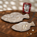 Matsya Platter Set of 2, Distressed Silver Foil Wooden Fish Serving Platters