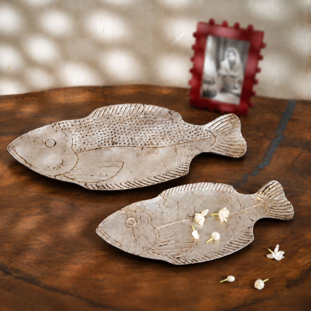 Matsya Platter Set of 2, Distressed Silver Foil Wooden Fish Serving Platters