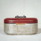 Warm-silver and red oval wooden jewellery box with back view