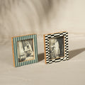 Set of two magnetic Instax Square wooden photo frames in teal stripes and black checks