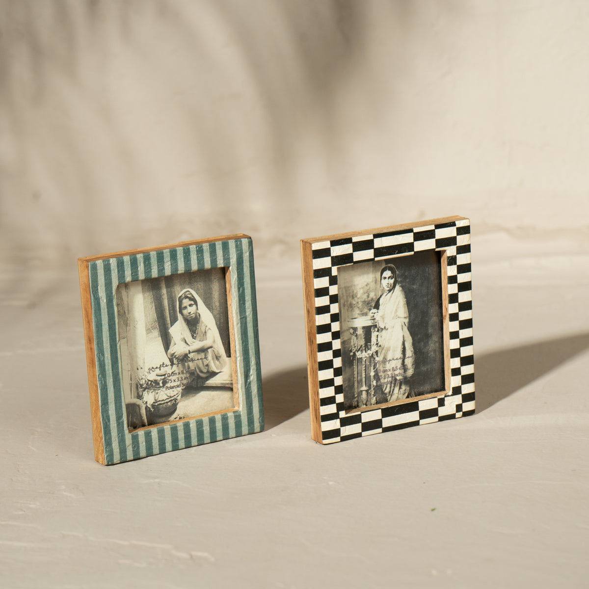 Set of two magnetic Instax Square wooden photo frames in teal stripes and black checks