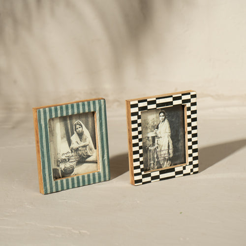 Set of two magnetic Instax Square wooden photo frames in teal stripes and black checks