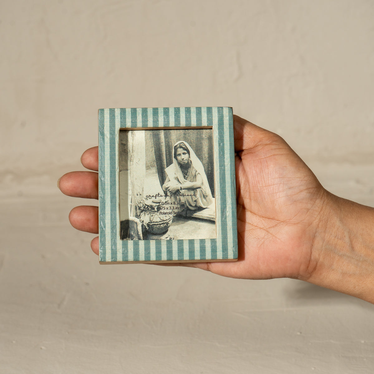 Set of two magnetic Instax Square wooden photo frames in teal stripes and black checks