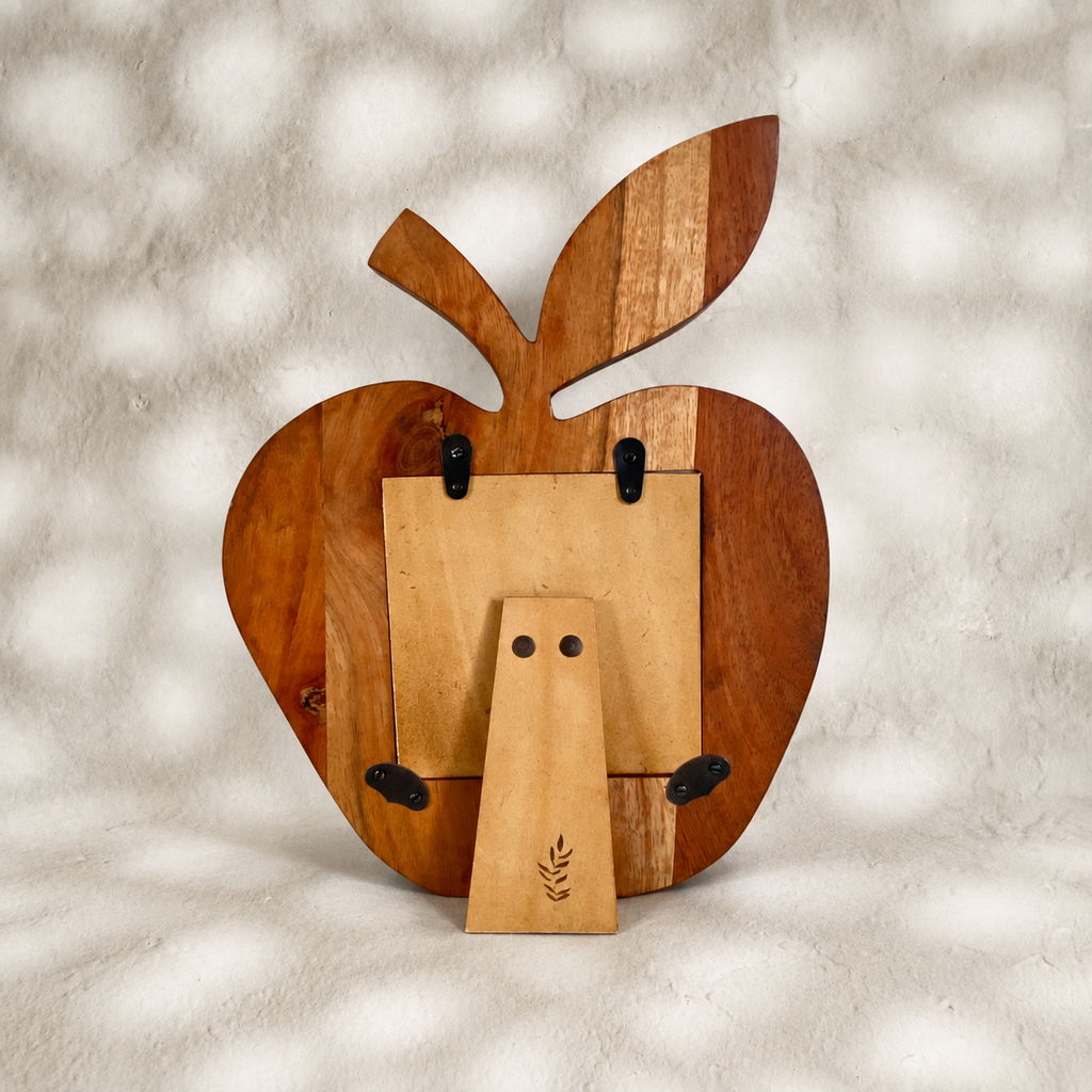 Back view of the Orchard apple-shaped wooden photo frame with easel stand