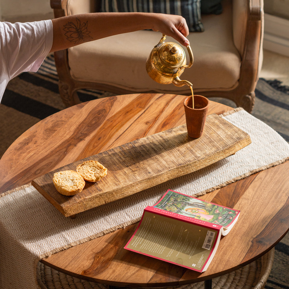 Bark wooden riser styled on a dining table