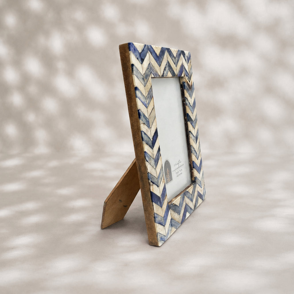 Blue and warm-white chevron wooden photo frame for a 4 by 6 inch photograph