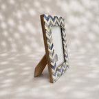 Blue and warm-white chevron wooden photo frame for a 4 by 6 inch photograph