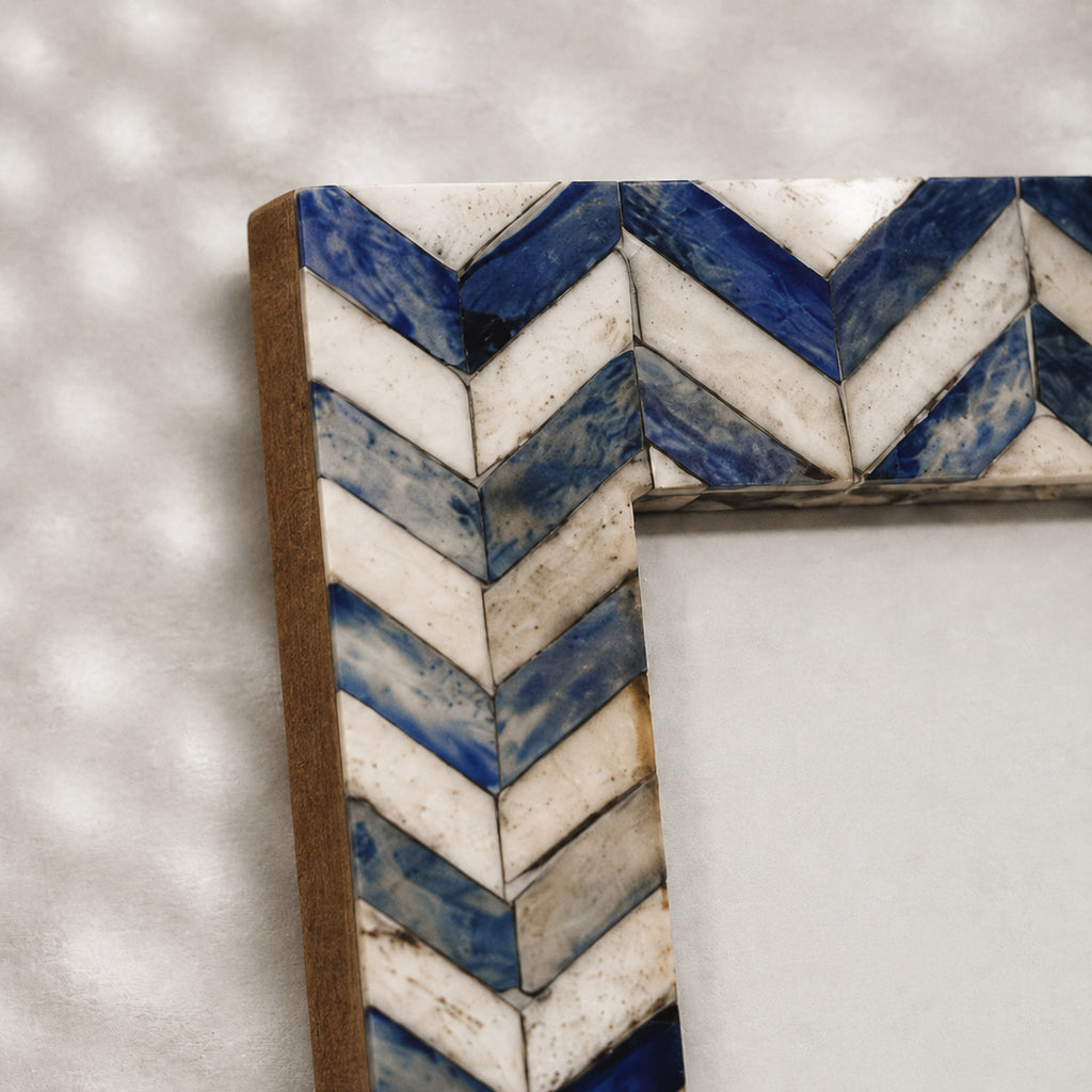 Blue and warm-white chevron wooden photo frame for a 4 by 6 inch photograph