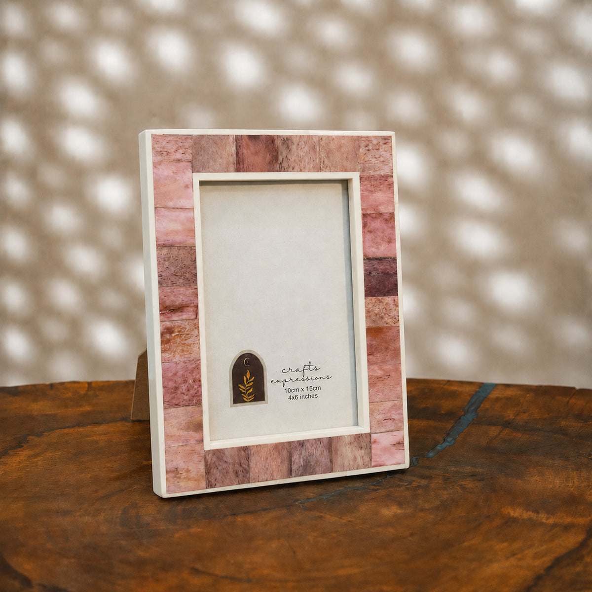 Soft pink and warm-white mosaic wooden photo frame for a 4 by 6 inch photograph