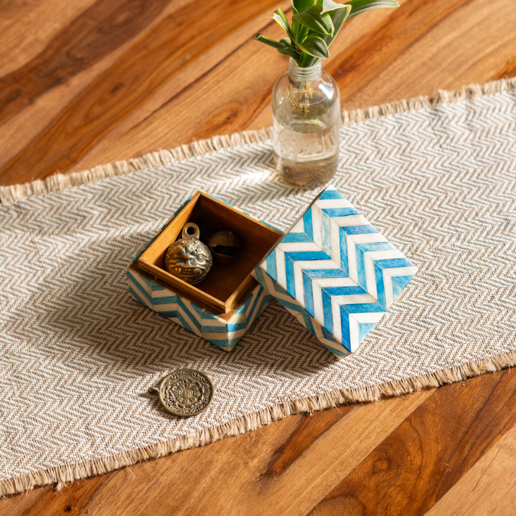 Open Chevron wooden storage box styled with jewellery