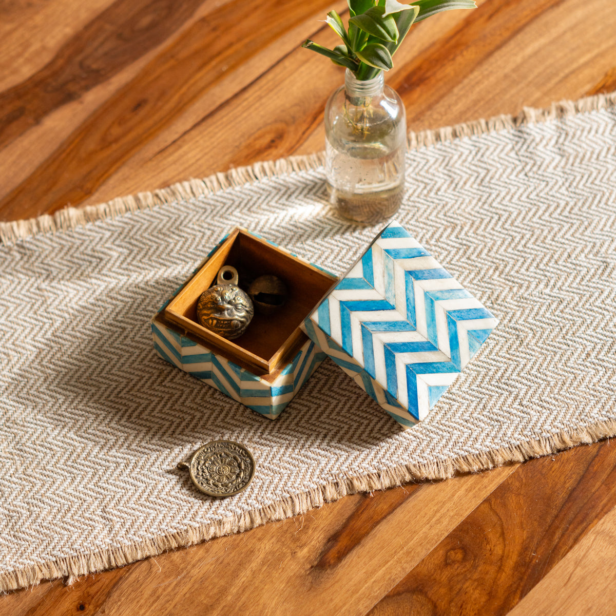 Open Chevron wooden storage box styled with jewellery