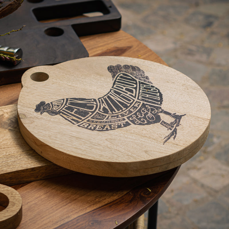Cluck wooden butcher board displayed at an angle