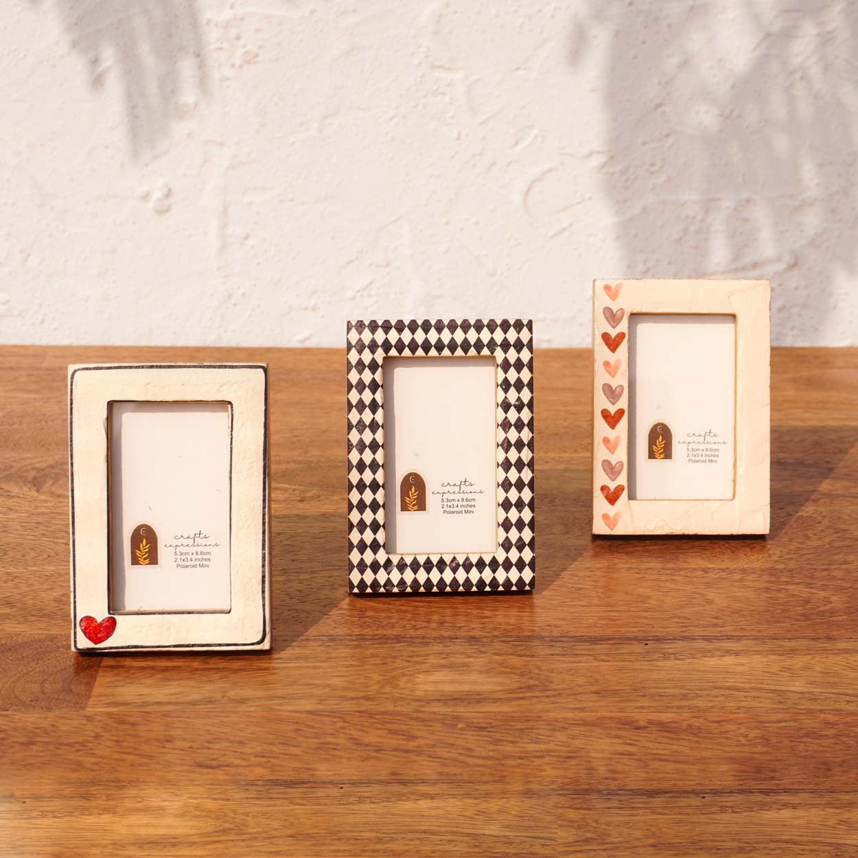 Vintage Hearts Wooden Polaroid Photo Frames- Instax Mini | Multicoloured | Set of 3