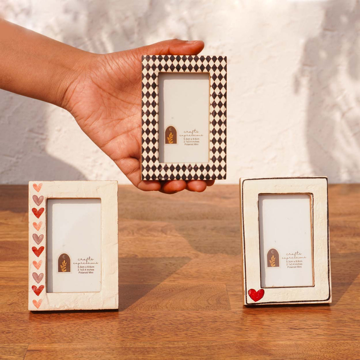 Vintage Hearts Wooden Polaroid Photo Frames- Instax Mini, Multicoloured Photo Frame, Set of 3