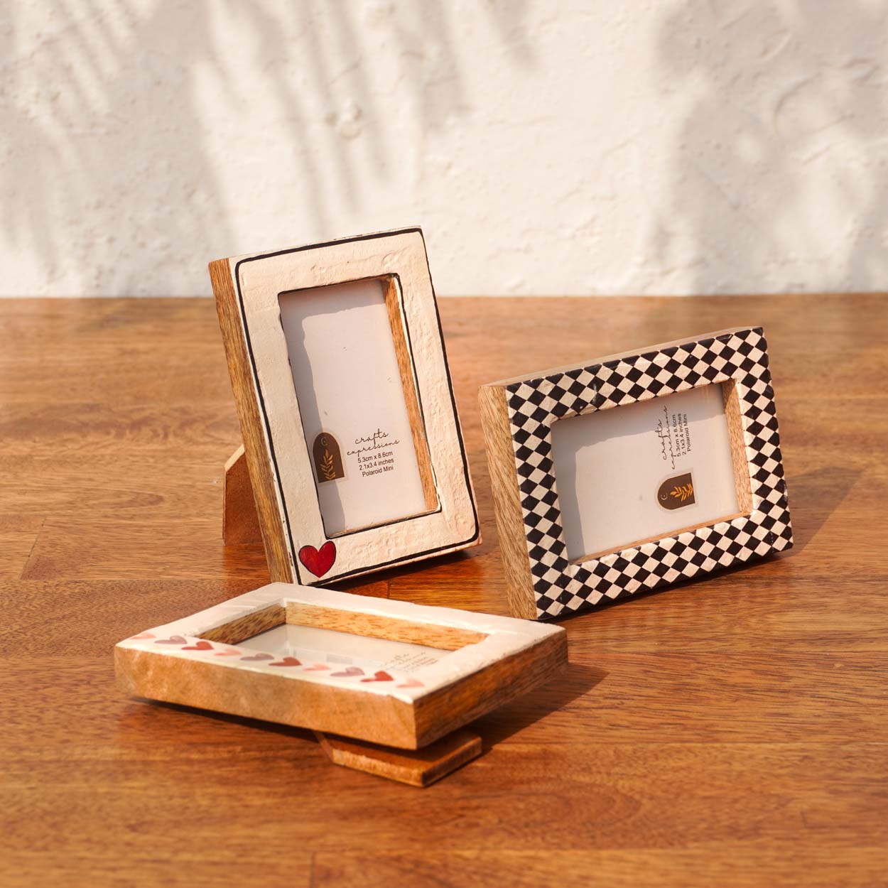 Vintage Hearts Wooden Polaroid Photo Frames- Instax Mini | Multicoloured | Set of 3