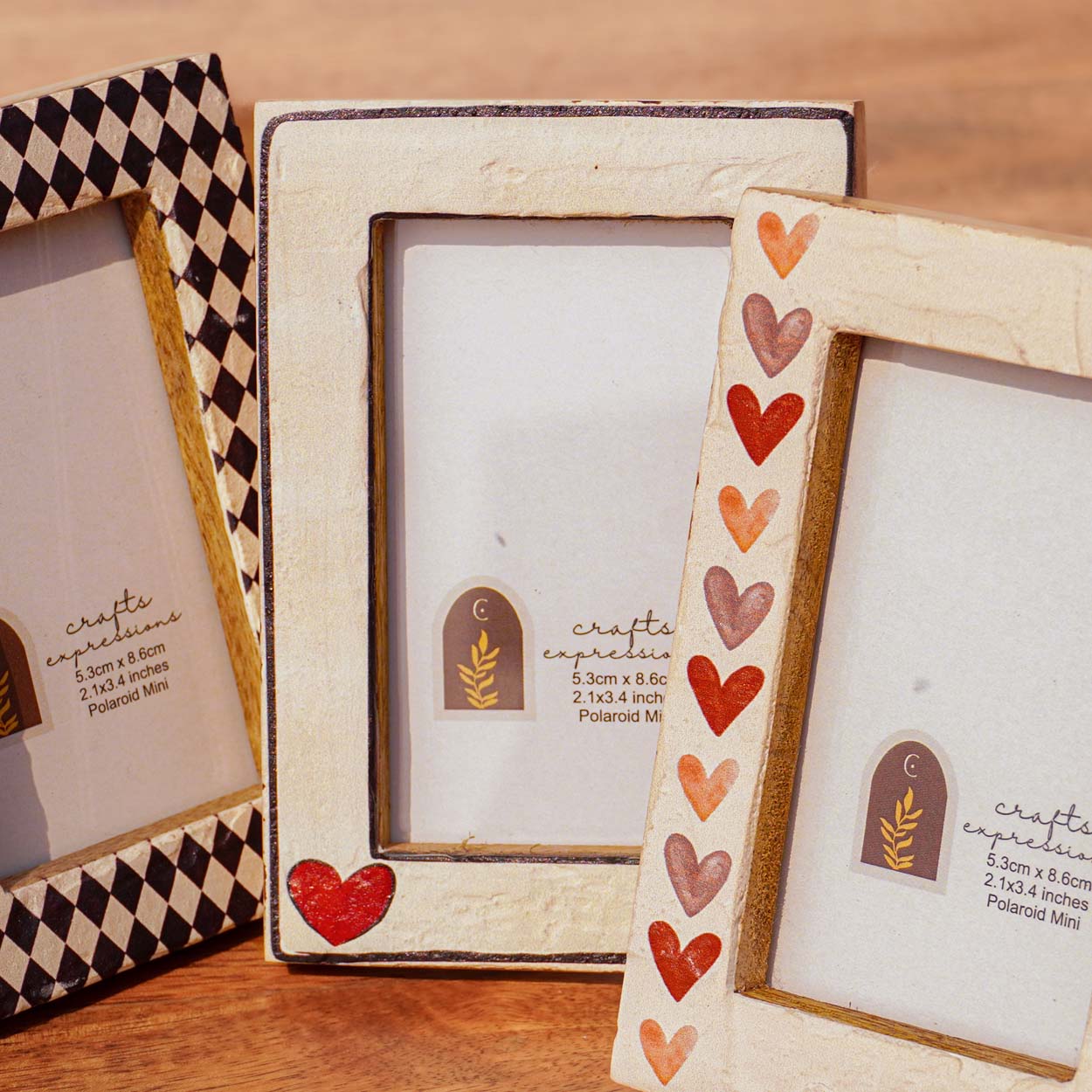 Vintage Hearts Wooden Polaroid Photo Frames- Instax Mini | Multicoloured | Set of 3