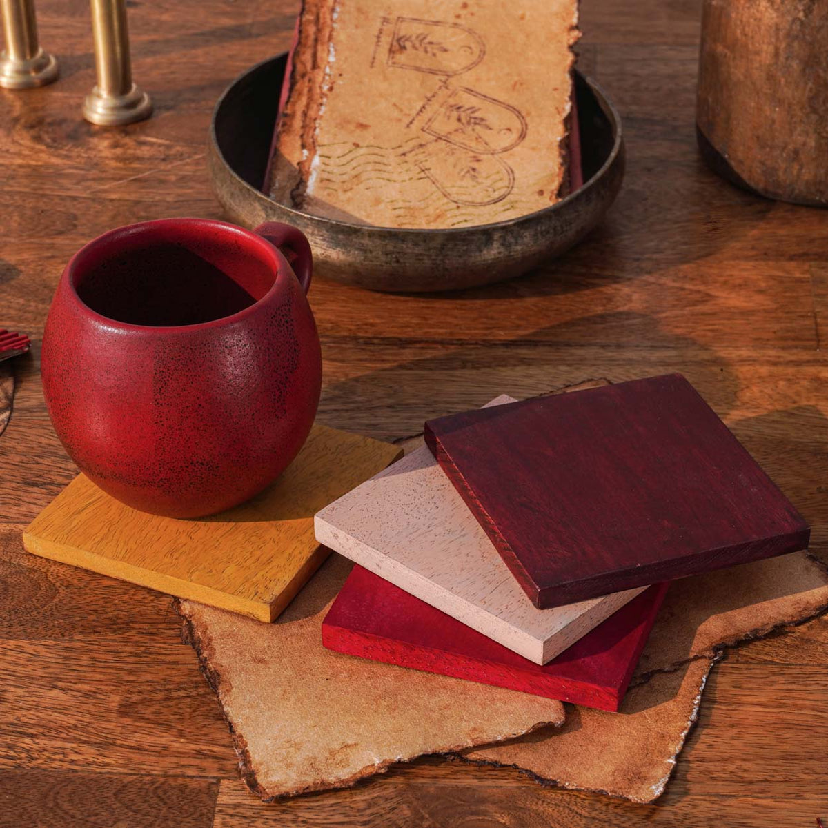 Wooden Coasters, Earth Block Coaster Set, Multicolour, Set Of 4, 4 × 4 Inches