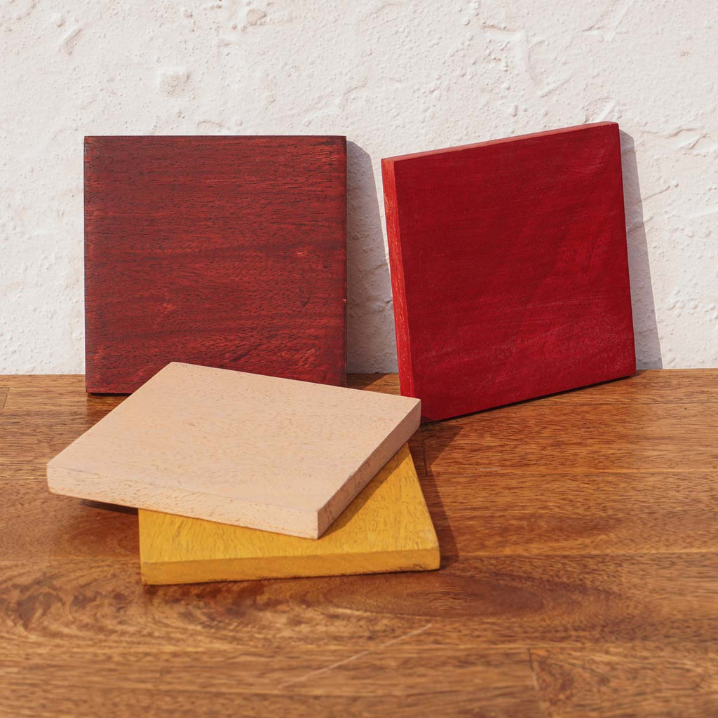 Earth Block wooden coaster set displayed in overlapping rows