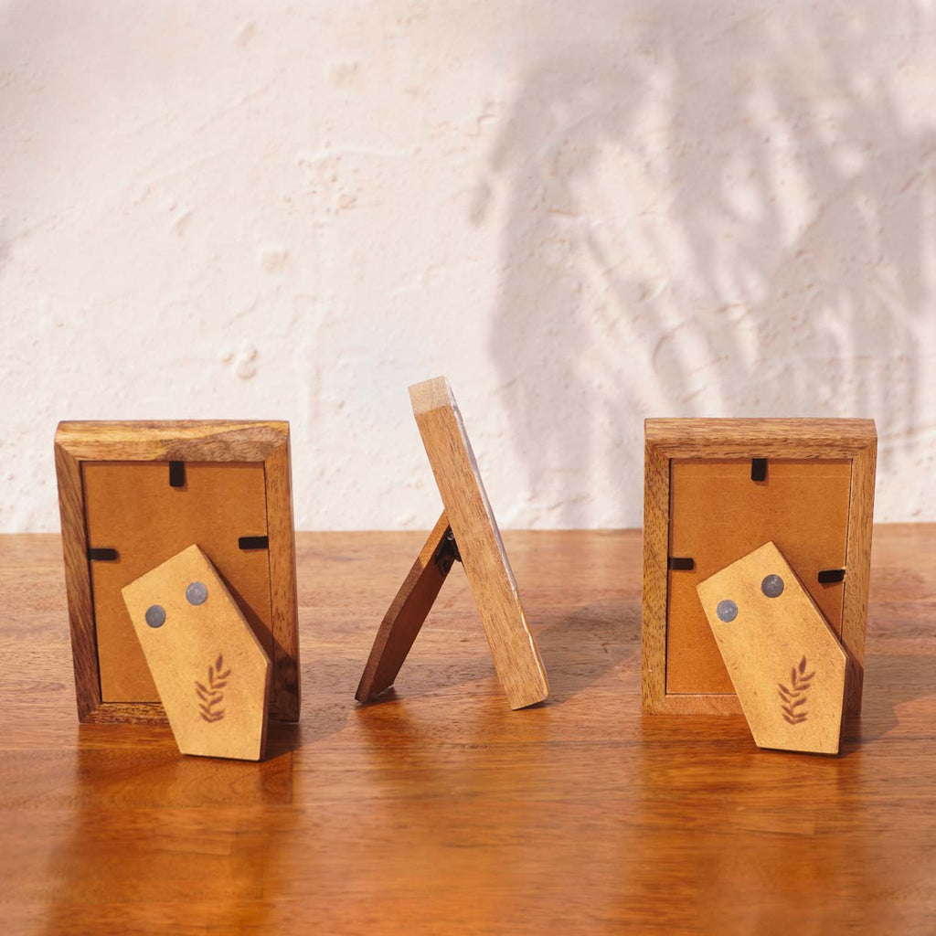 Back and side views of First Crush wooden Instax Mini frames with easel stands