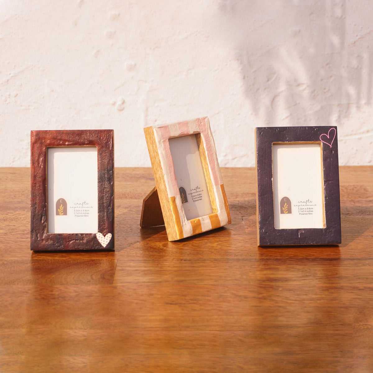 First Crush wooden Instax Mini frames displayed upright and at an angle