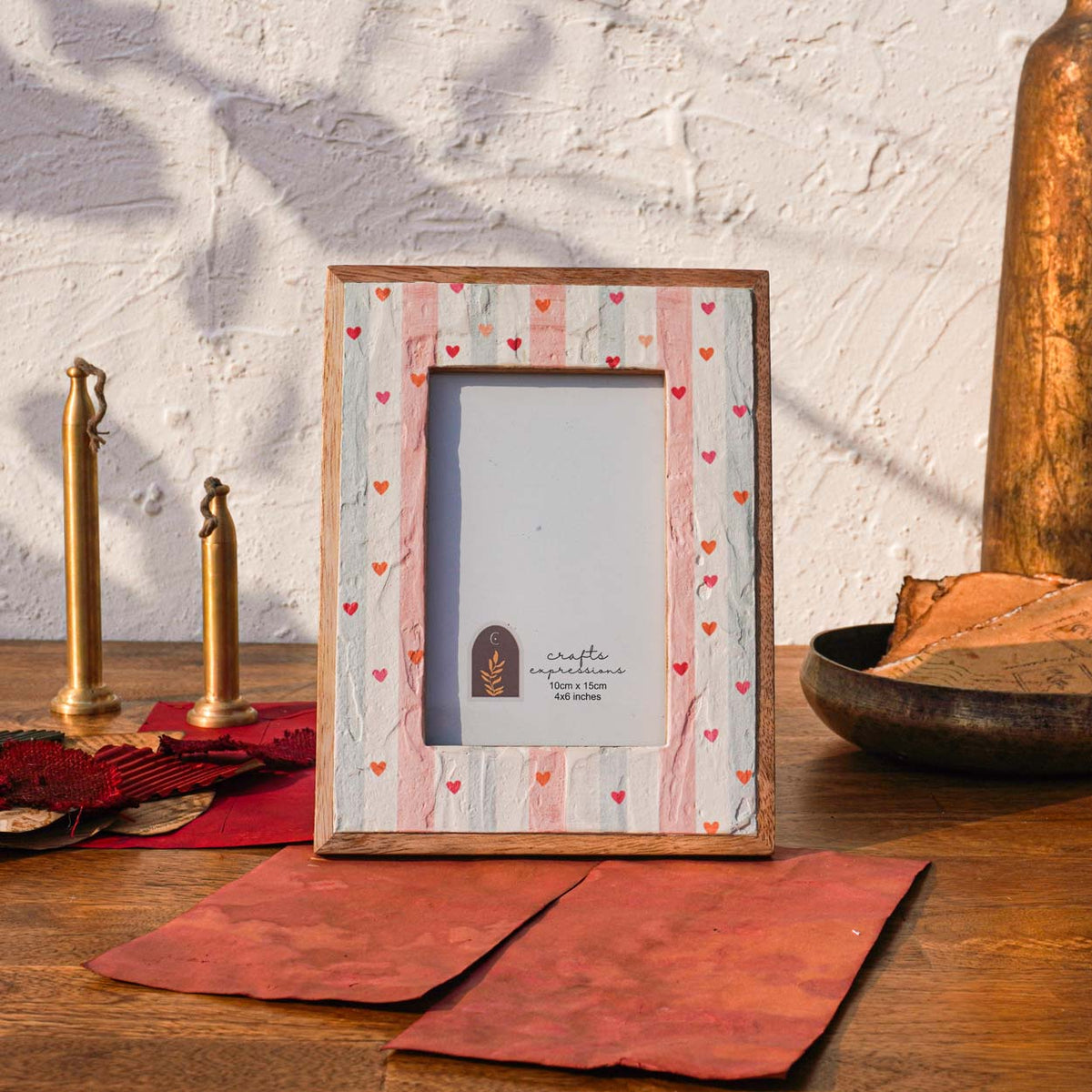 Little Hearts Wooden Photo Frame, Soft Peach & Mint, 4 × 6 Inches