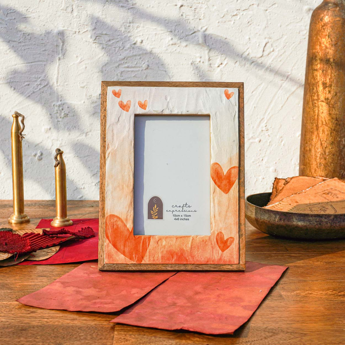 Morning Love wooden photo frame styled vertically on a table