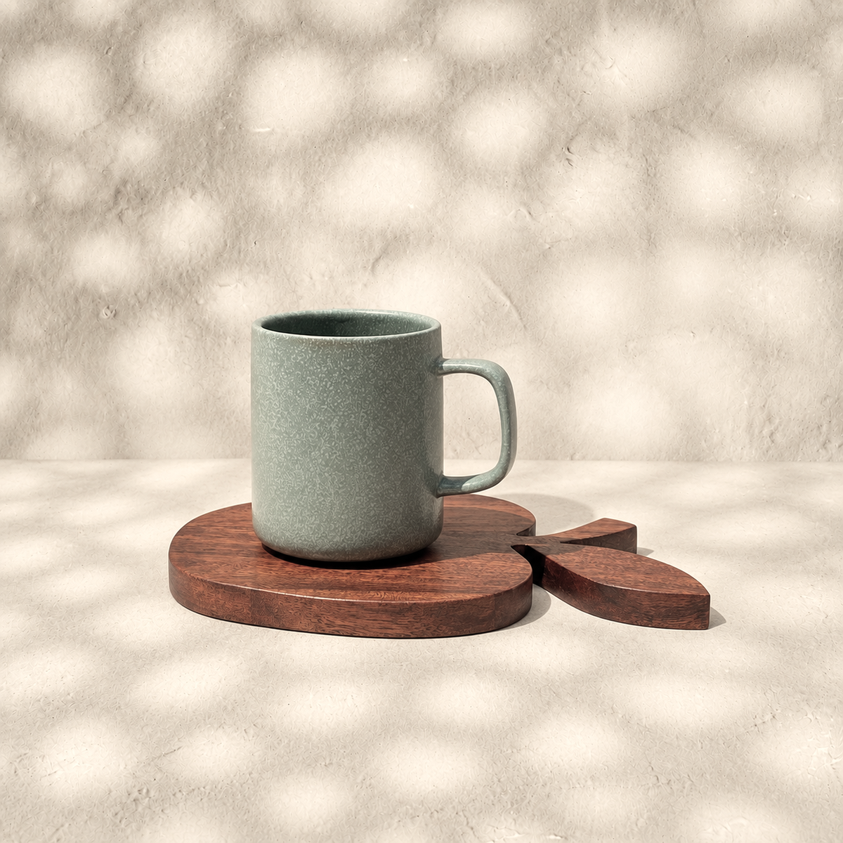 Orchard apple-shaped wooden trivet styled beneath a mug