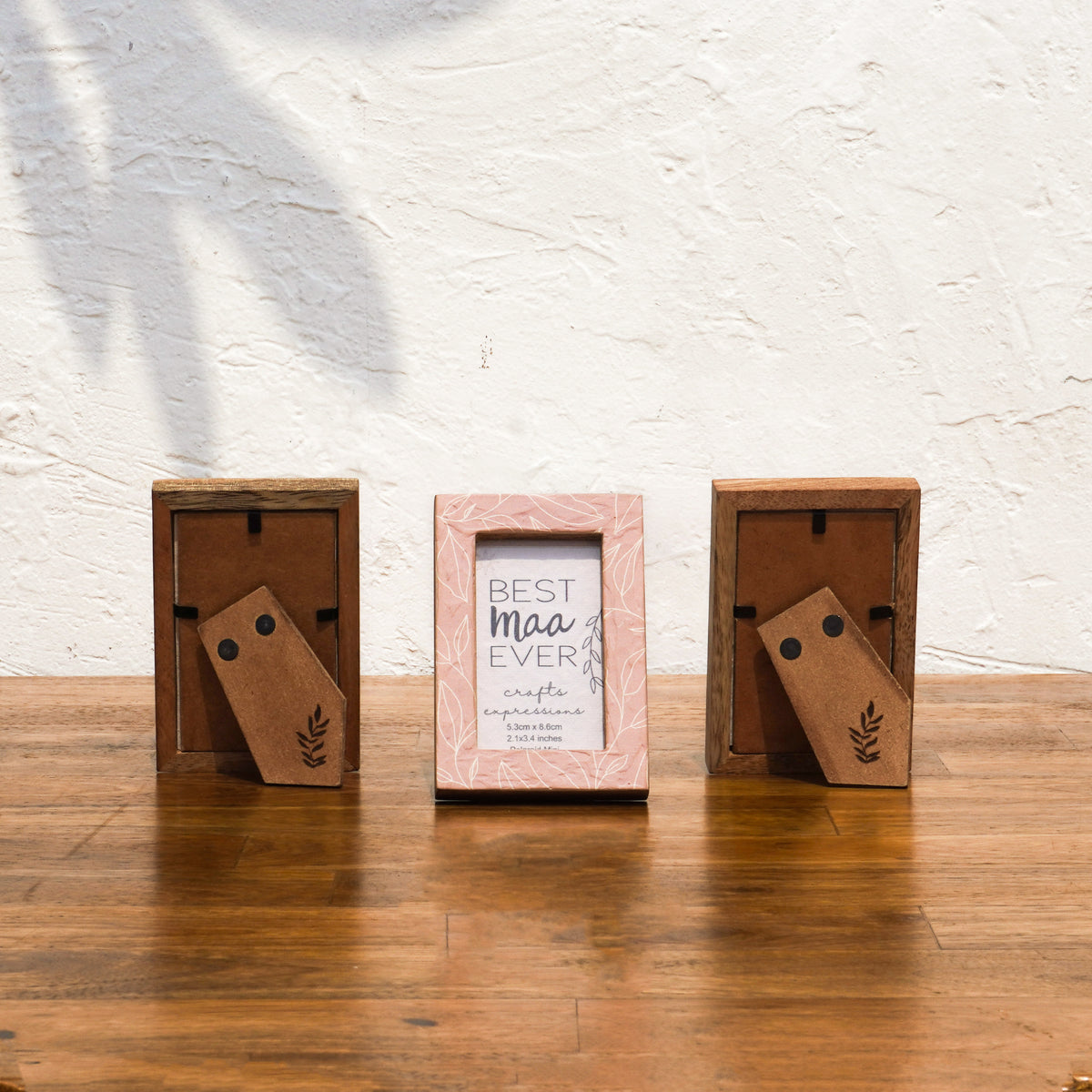 Back and front views of Dots & Petals wooden Instax Mini frames