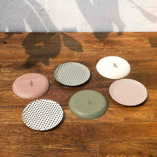 Dotty Round Wooden Coasters | White, Pink & Olive Tones | 4 x 4 Inch