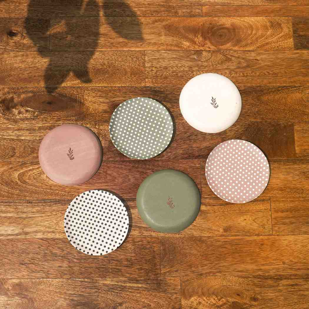Dotty Round Wooden Coasters | White, Pink & Olive Tones | 4 x 4 Inch