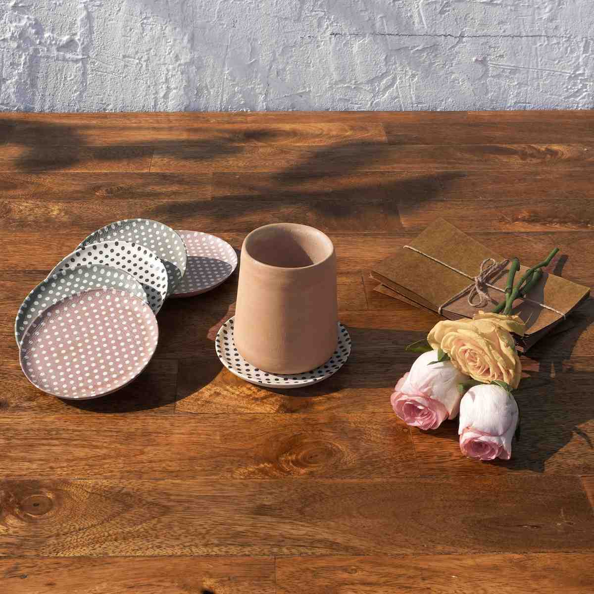Dotty Round Wooden Coasters | White, Pink & Olive Tones | 4 x 4 Inch