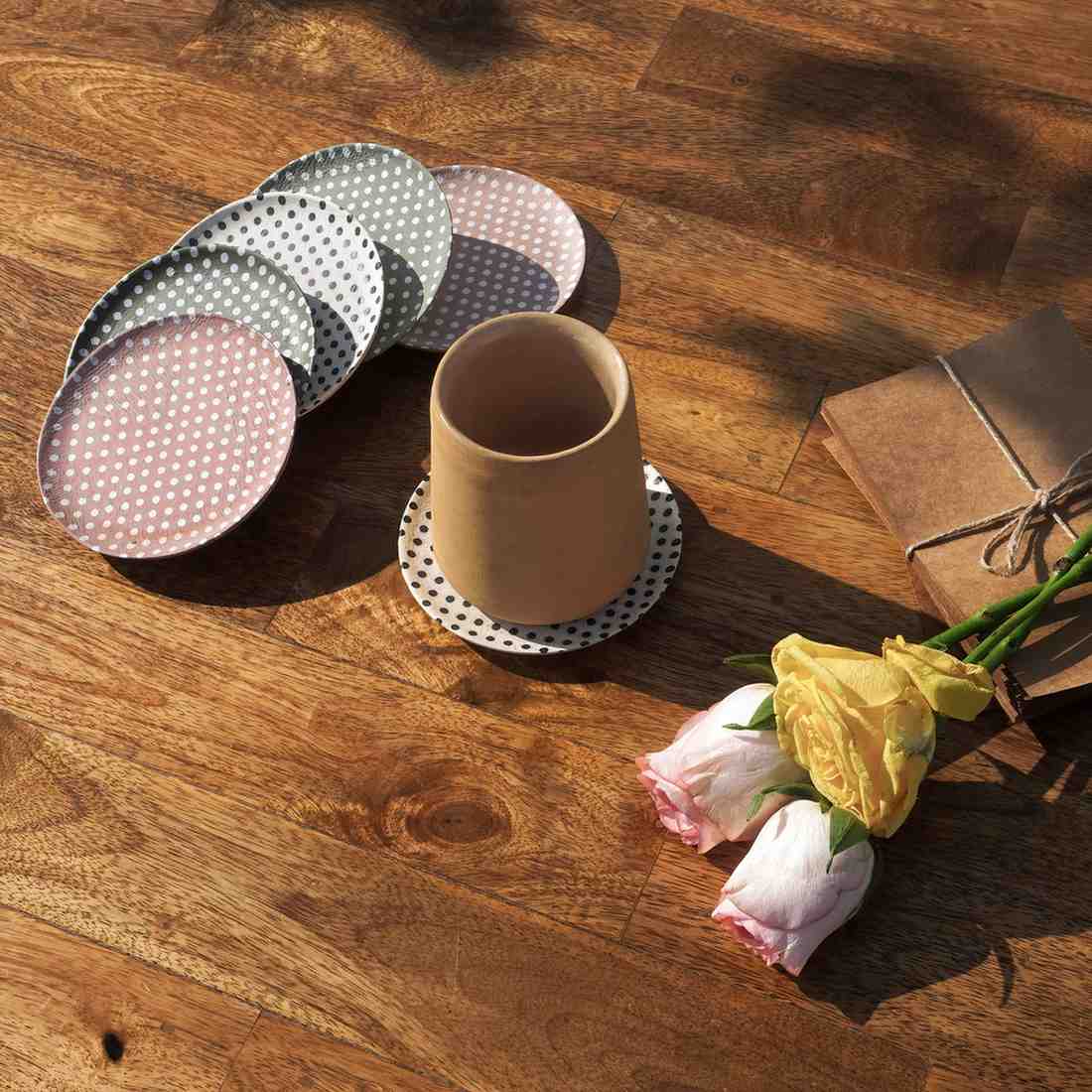 Dotty Round Wooden Coasters | White, Pink & Olive Tones | 4 x 4 Inch