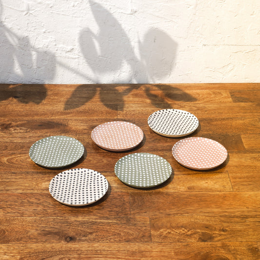 Dotty Round Wooden Coasters | White, Pink & Olive Tones | 4 x 4 Inch