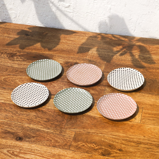 Dotty Round Wooden Coasters | White, Pink & Olive Tones | 4 x 4 Inch