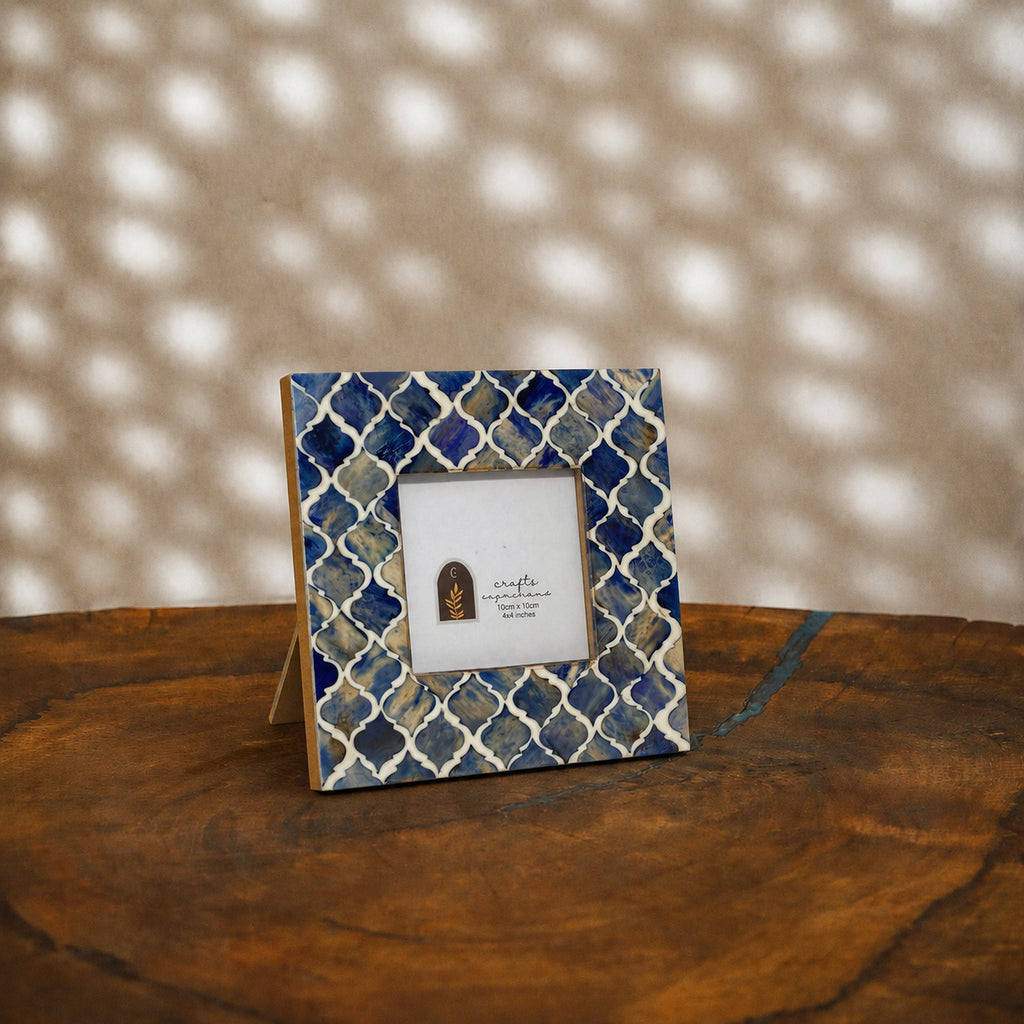 Blue and warm-white trellis wooden photo frame for a 4 by 4 inch photograph