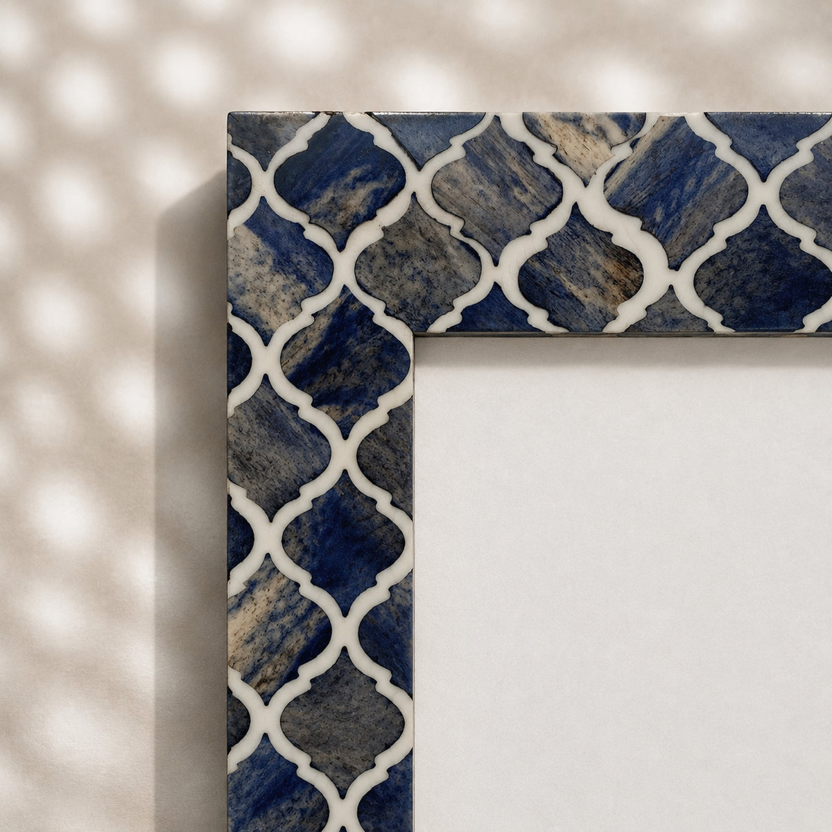 Blue and warm-white trellis wooden photo frame for a 4 by 4 inch photograph
