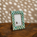 Jade-green and warm-white trellis wooden photo frame for a 4 by 6 inch photograph