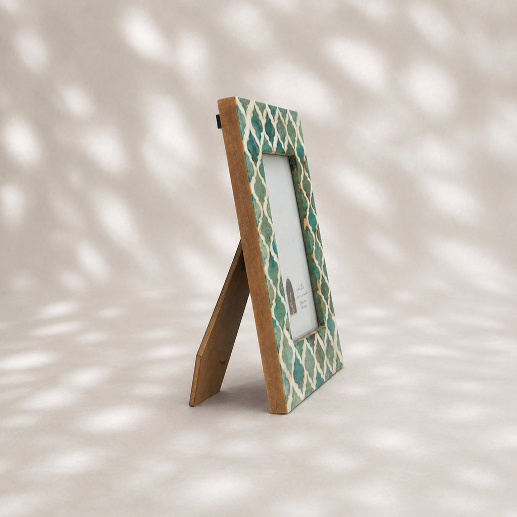 Jade-green and warm-white trellis wooden photo frame for a 4 by 6 inch photograph