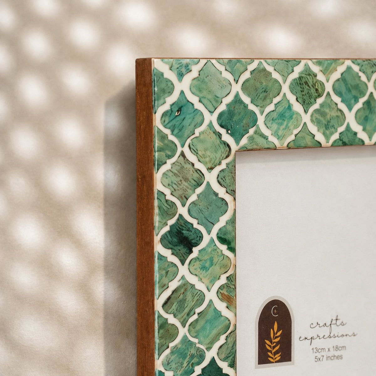 Jade-green and warm-white trellis wooden photo frame for a 5 by 7 inch photograph