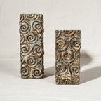 Set of two tall antique carved wooden tea light holders in different heights