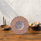 Earthy pink Lotus round photo frame styled with flowers