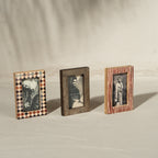 Set of three wooden magnetic Instax Mini photo frames in red and neutral patterns