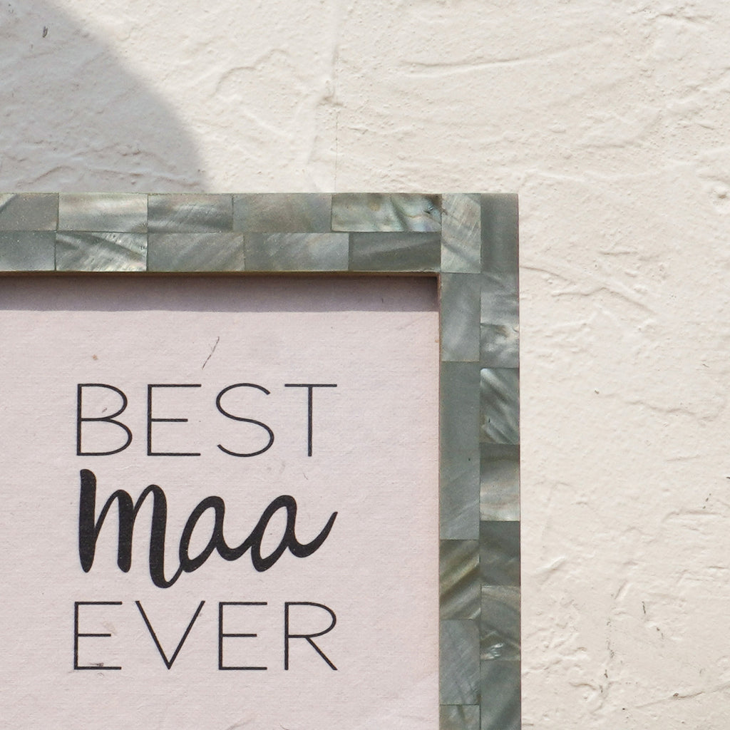Close-up of the olive-tone Mother of Pearl photo frame