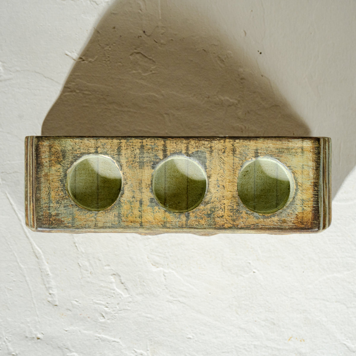 Antique carved wooden tea light candle holder with space for three candles