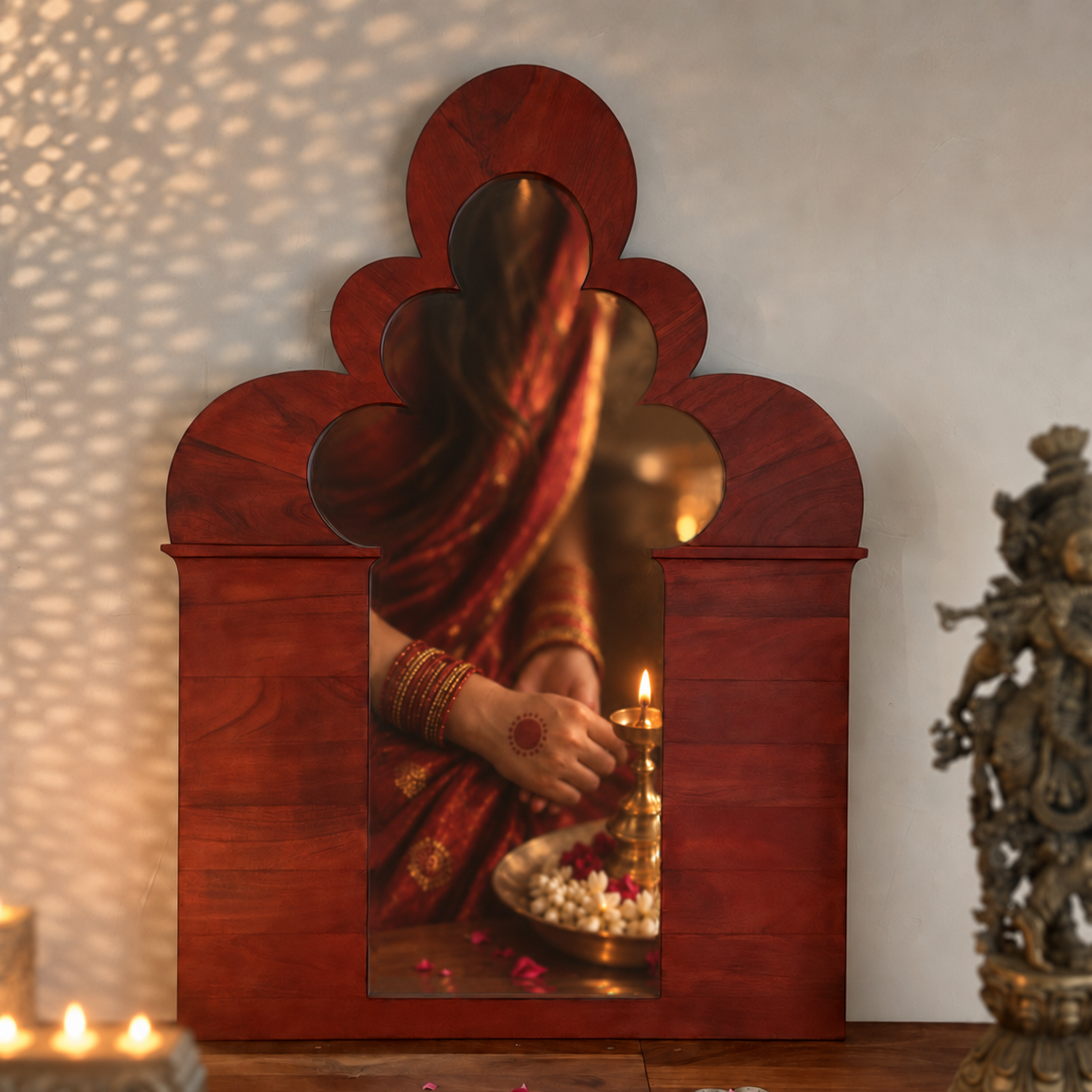 Front view of the Nuri decorative wooden wall mirror in a festive setting