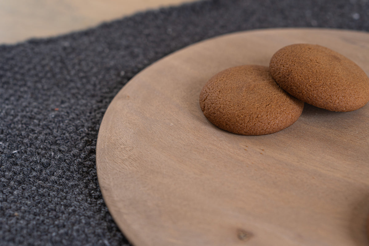 Pebble Ash wooden platter styled with small bread rolls