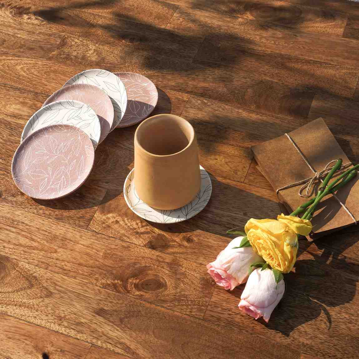 Petal Round Wooden Coasters | White, Pink & Olive Tones | 4 x 4 Inch
