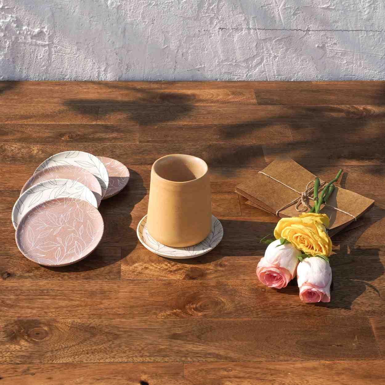 Petal Round Wooden Coasters | White, Pink & Olive Tones | 4 x 4 Inch