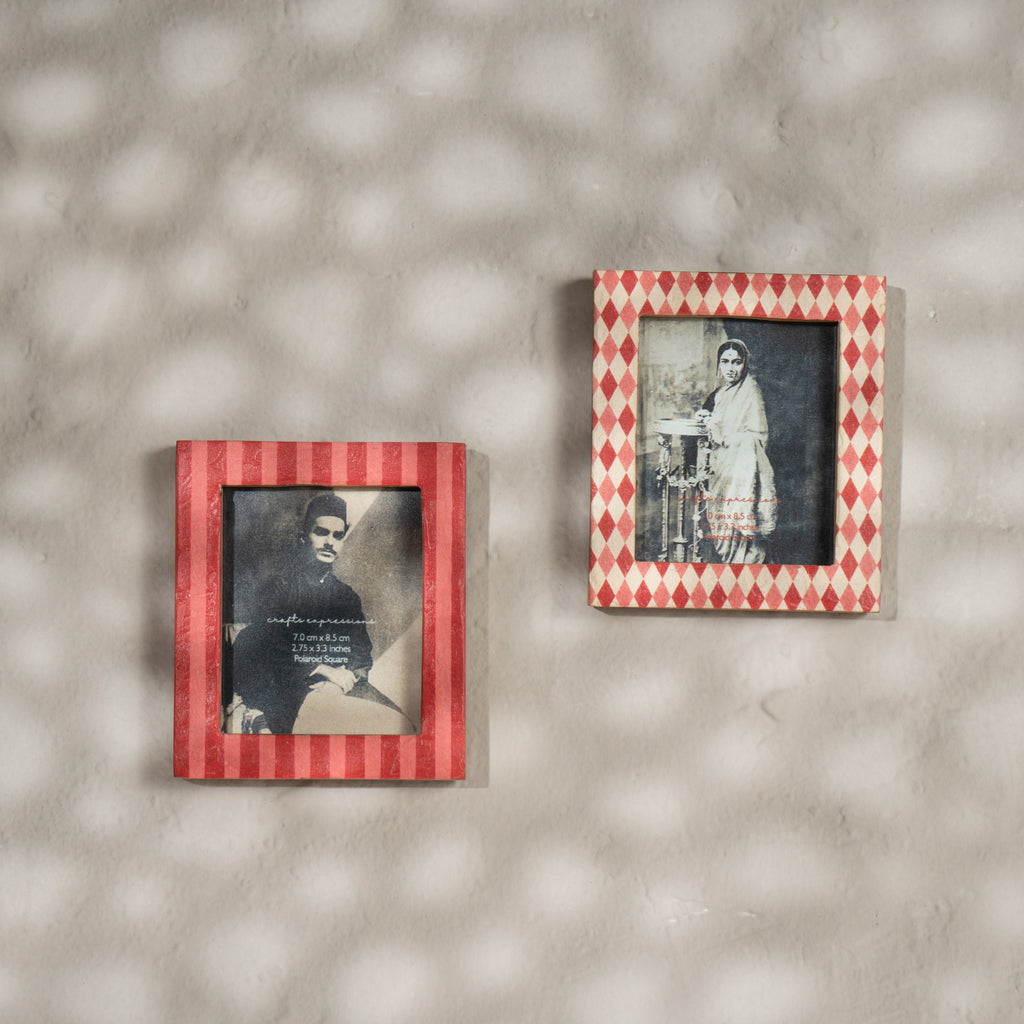 Ruby red wooden Instax Square photo frame with striped and diamond pattern