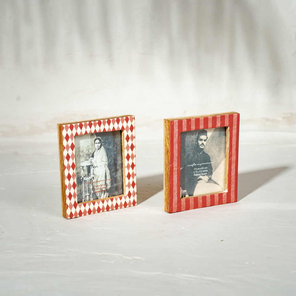 Ruby red wooden Instax Square photo frame with striped and diamond pattern